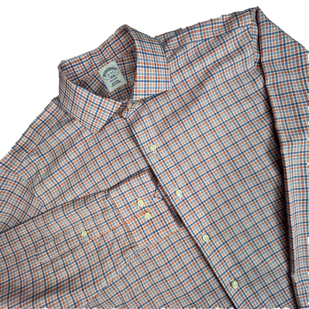 Brooks Brothers Regent Non-Iron Dress Shirt 16-34/35 Blue Orange Plaid Cotton